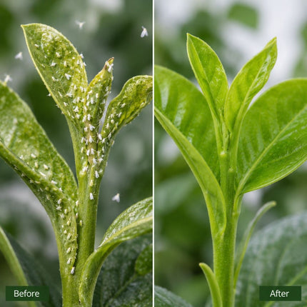 Before and after comparison of a plant leaf with pests on the left and clean leaf on the right.