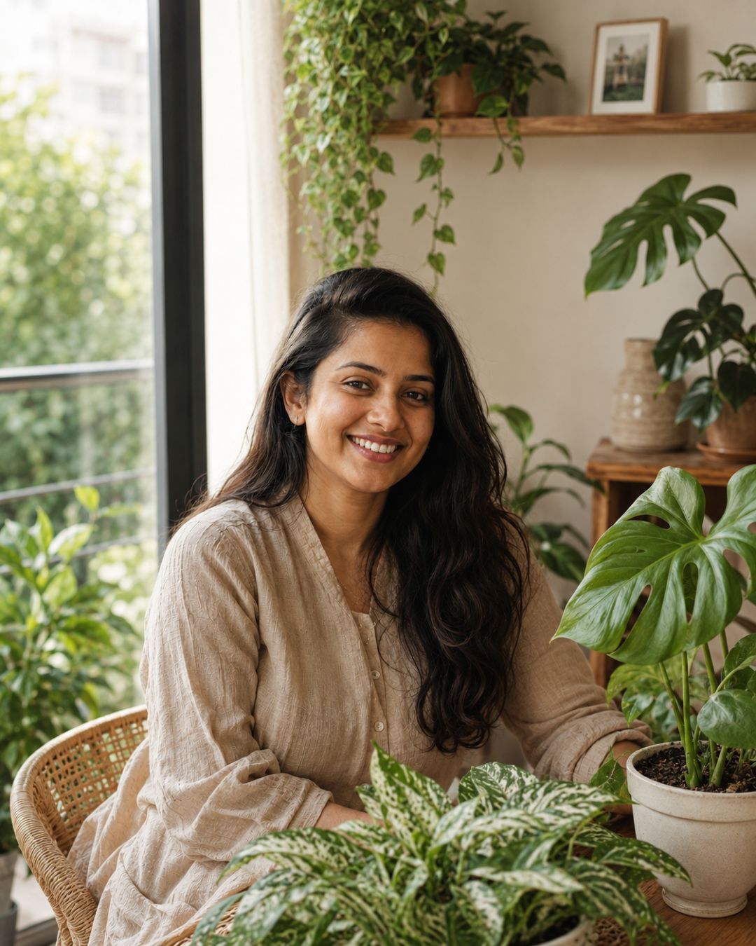 Happy plant parent sitting with healthy indoor plants
